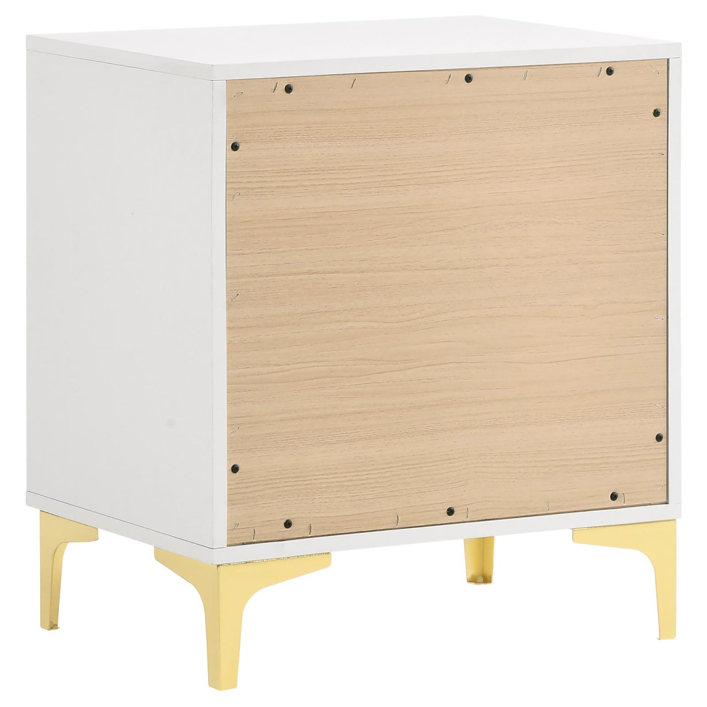 White nightstand with unfinished wood backing and modern gold legs