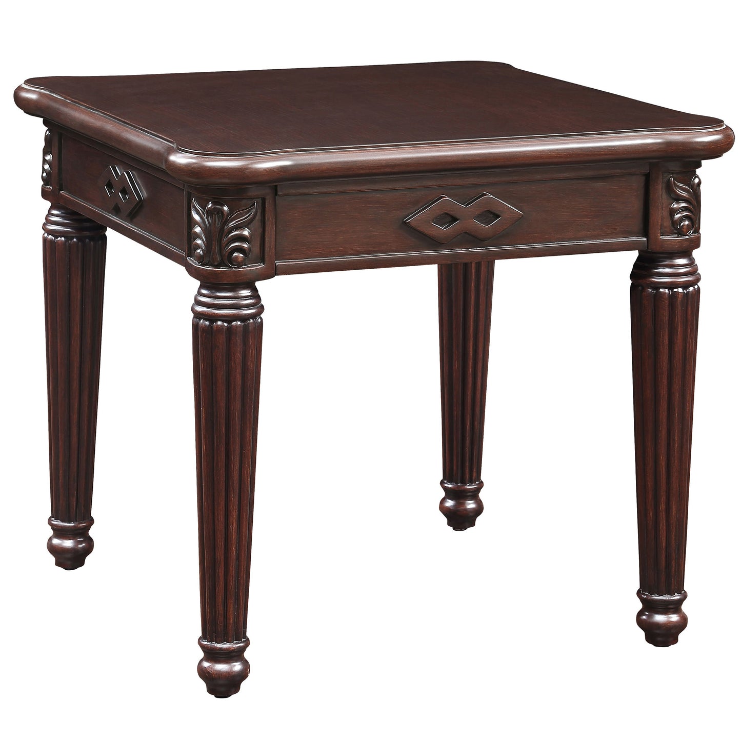 Dark brown carved wood end table with fluted legs and detailed apron