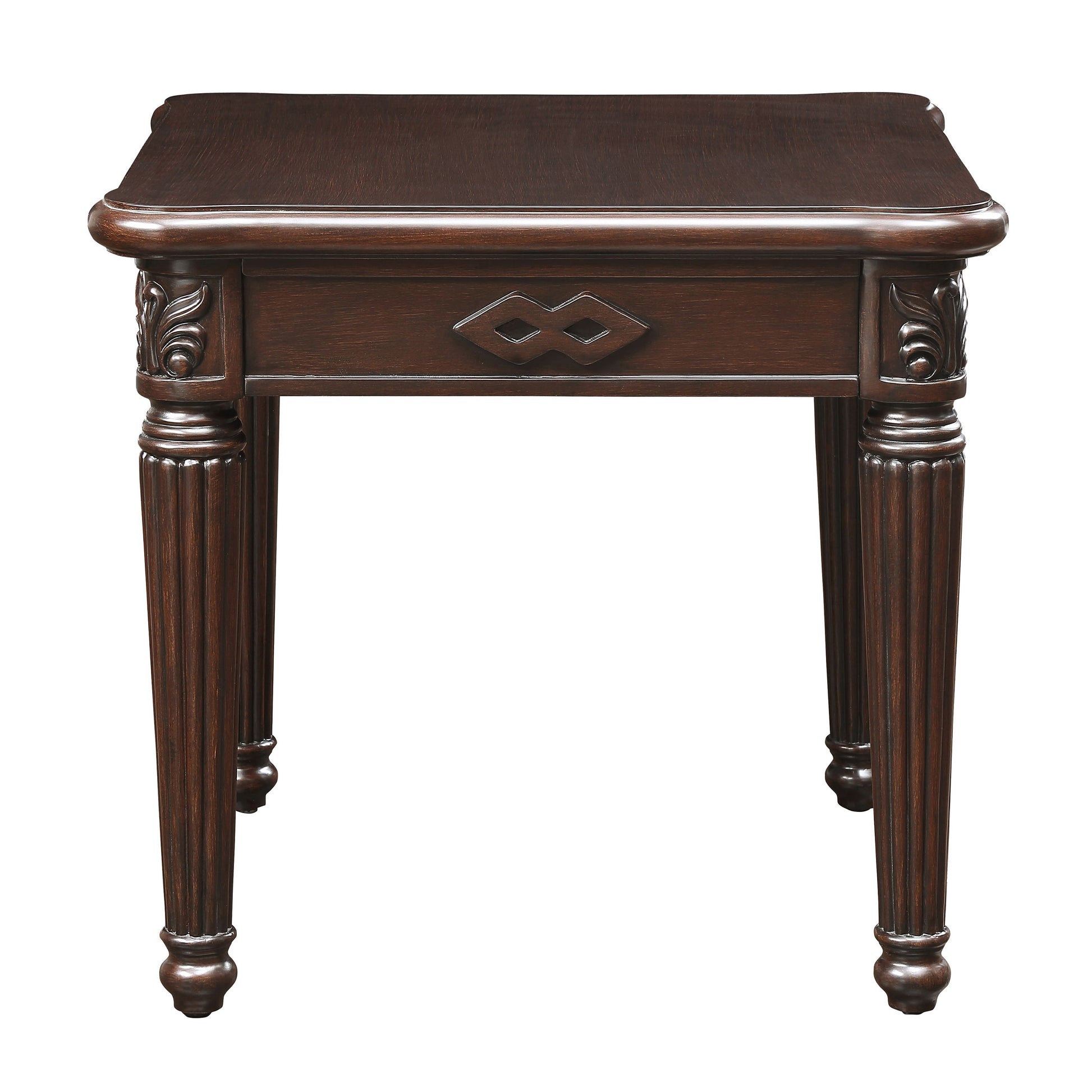 Ornate dark wood end table with carved details and fluted legs perfect accent for living rooms