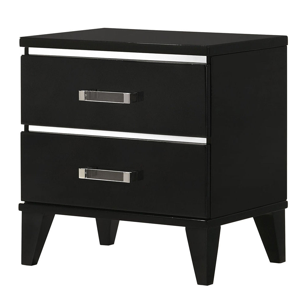 Sleek black twodrawer nightstand with polished chrome handles and trim