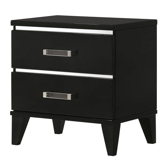 Sleek black twodrawer nightstand with polished chrome handles and trim