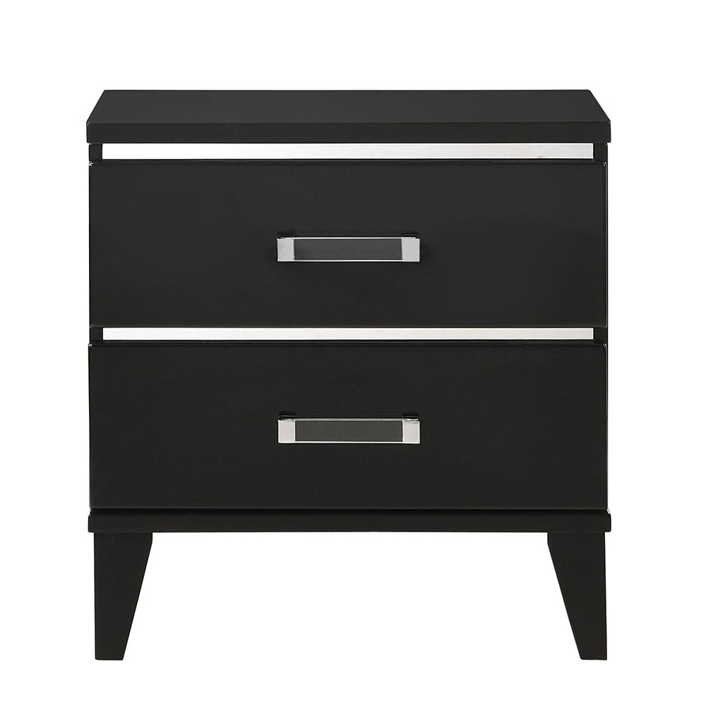 Sleek black nightstand with two drawers and modern chrome hardware