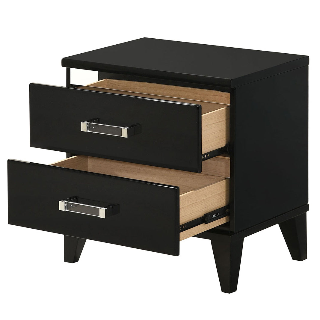 Sleek black modern nightstand with two drawers and polished chrome handles perfect for bedroom storage