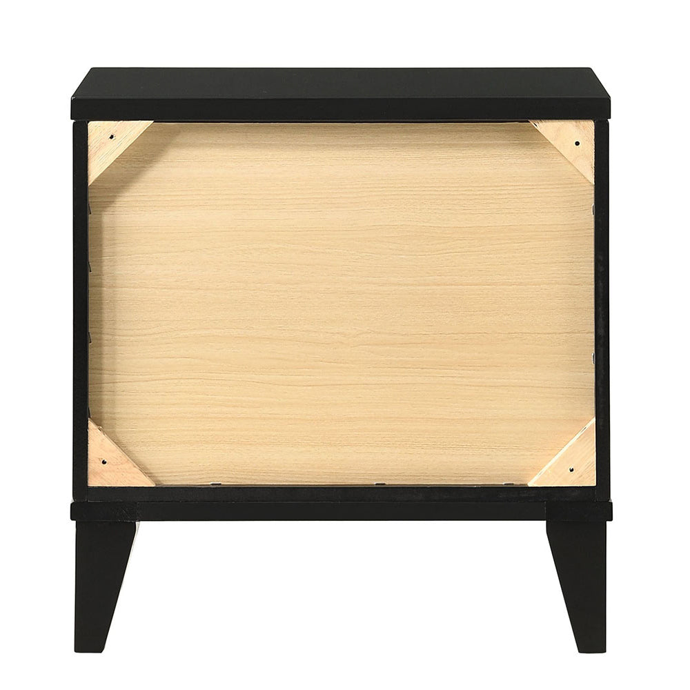 Black framed nightstand with light wood panel backing and tapered legs