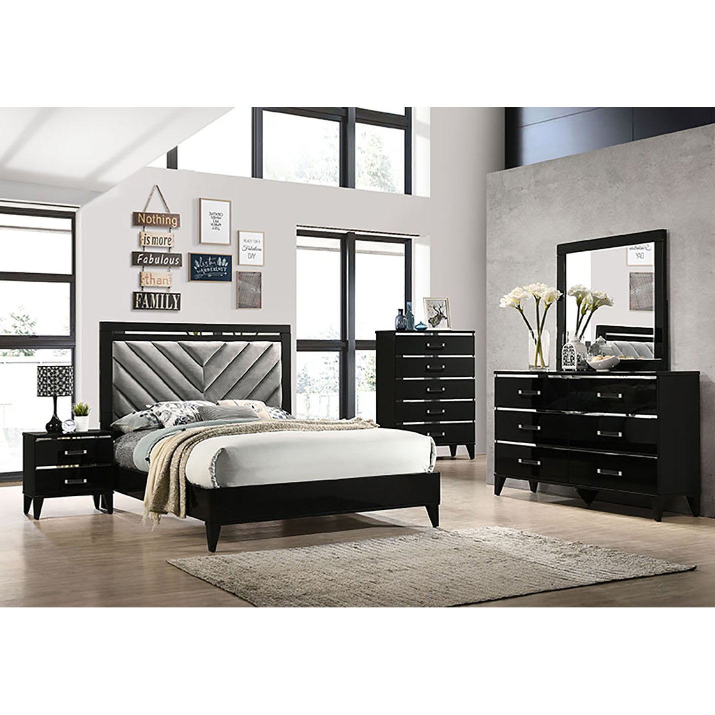 Black contemporary bedroom set with upholstered headboard and highgloss finish