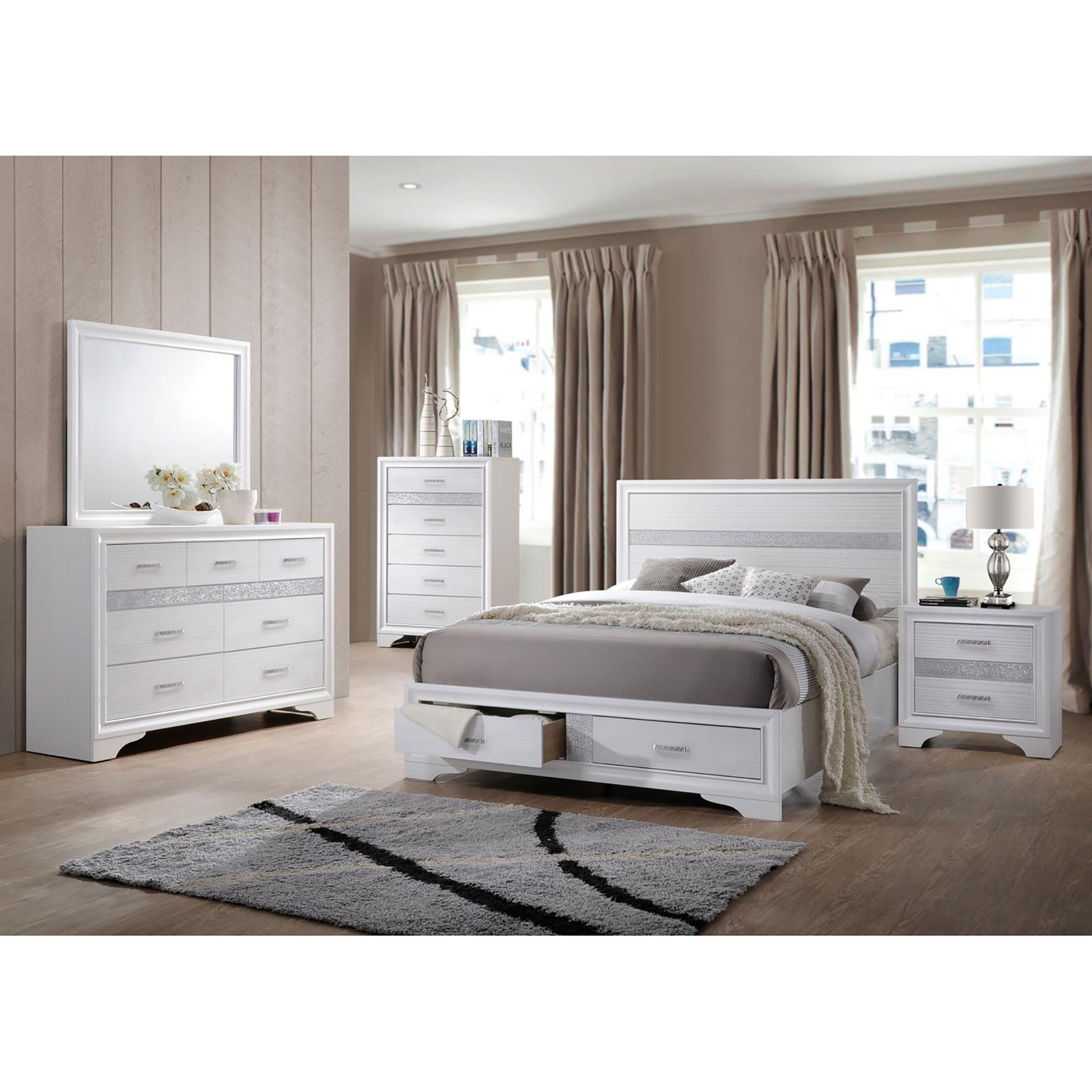 White queen bed with storage drawers featuring a silverstriped headboard