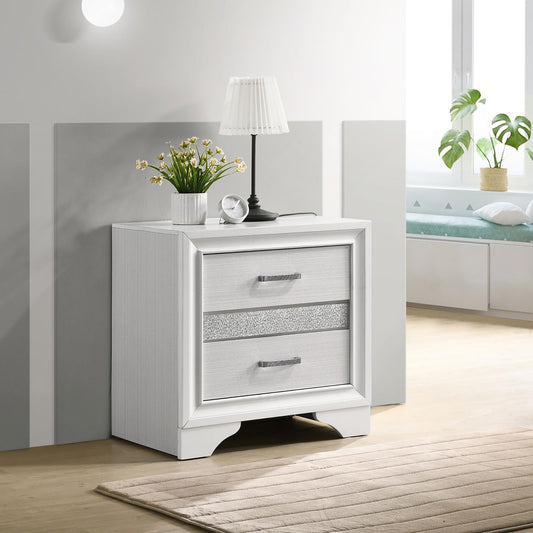 White twodrawer nightstand with silver drawer pulls and a glitter accent strip