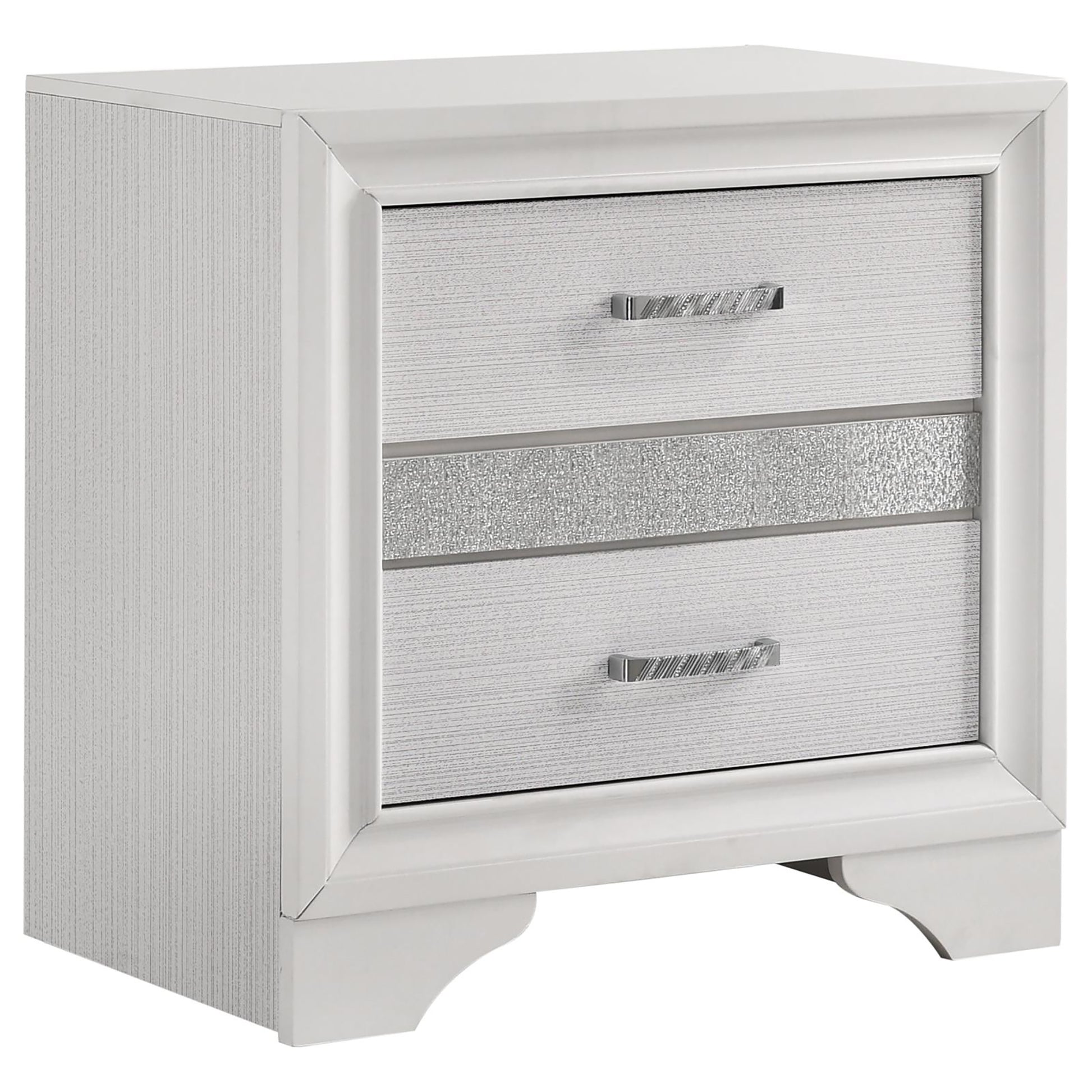 White twodrawer nightstand with textured drawer fronts and silver handles