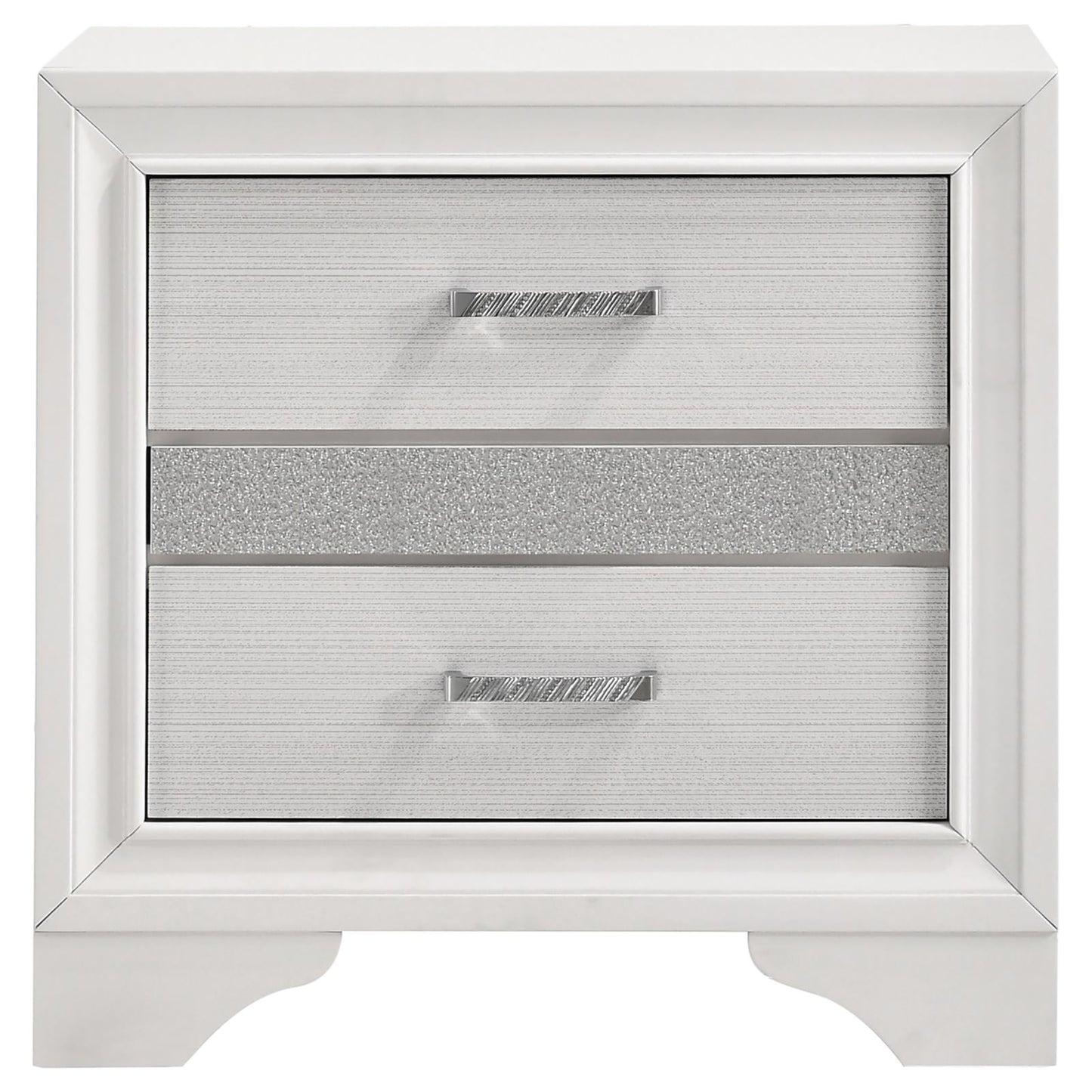 White nightstand with two drawers featuring textured fronts and silver crystal accents