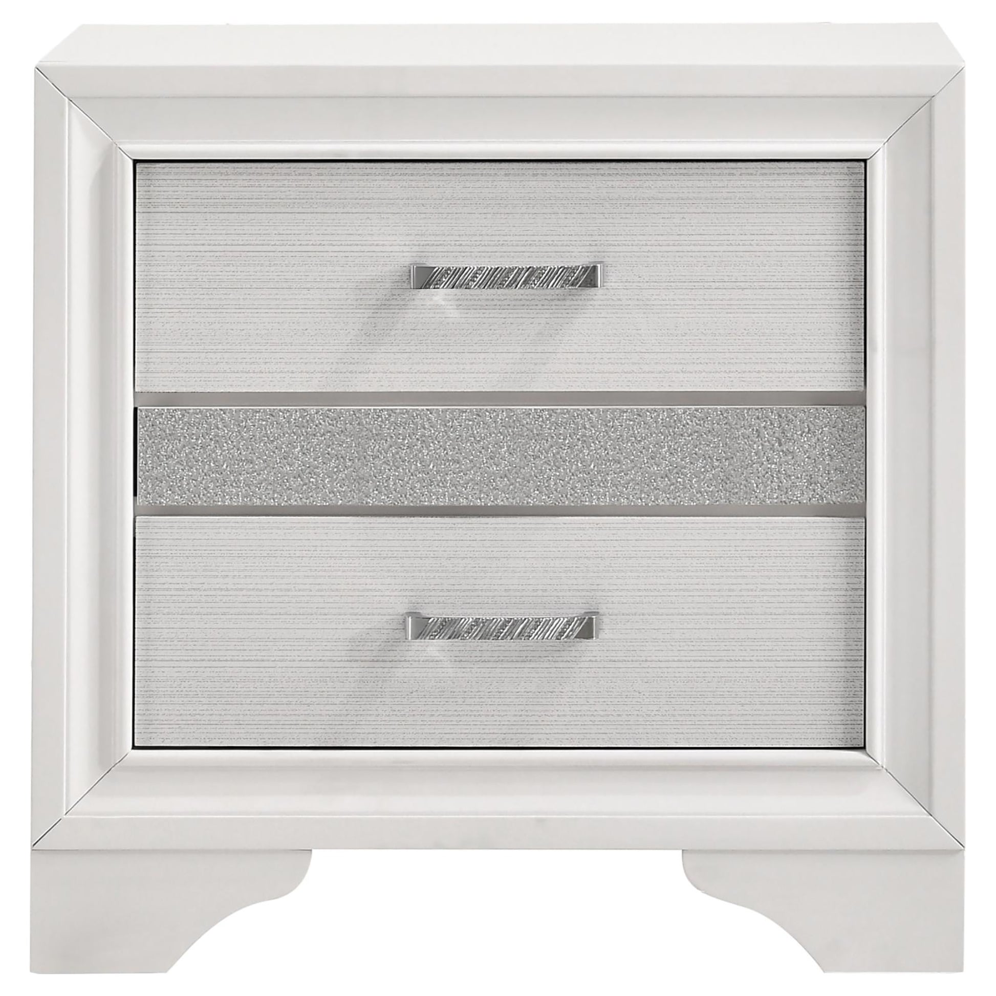 White nightstand with two drawers featuring textured fronts and silver crystal accents