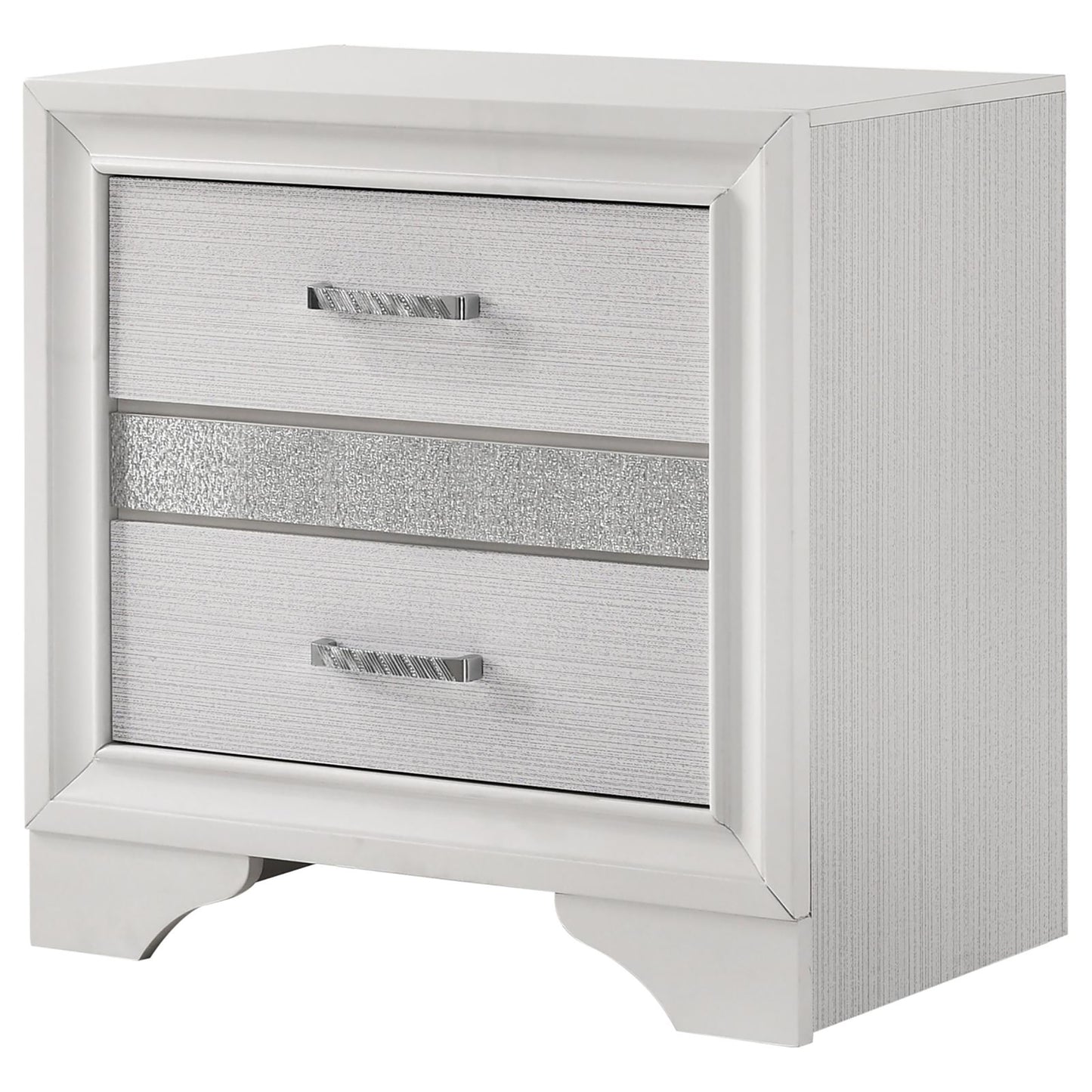 White mirrored nightstand with textured drawer fronts and silver hardware