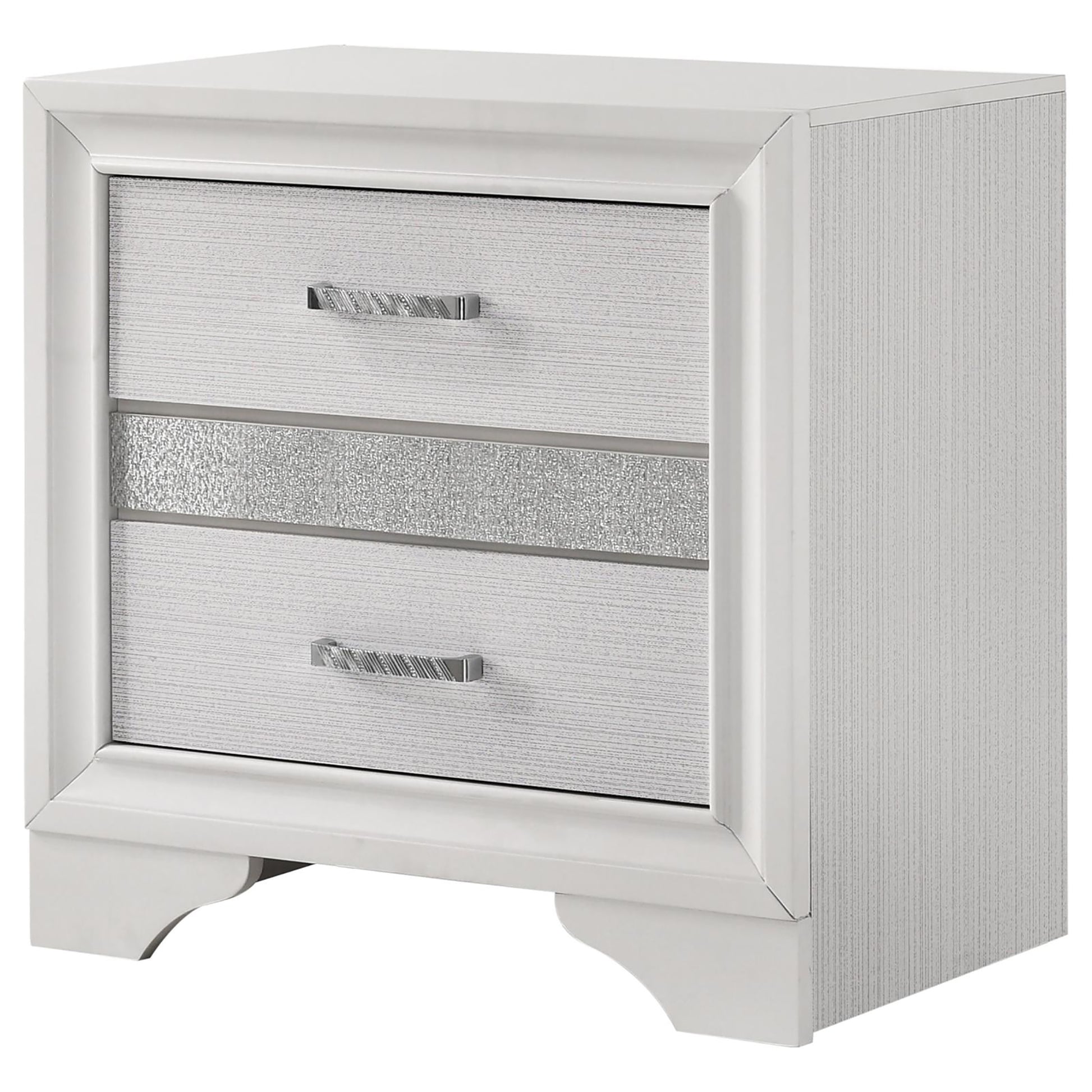 White mirrored nightstand with textured drawer fronts and silver hardware