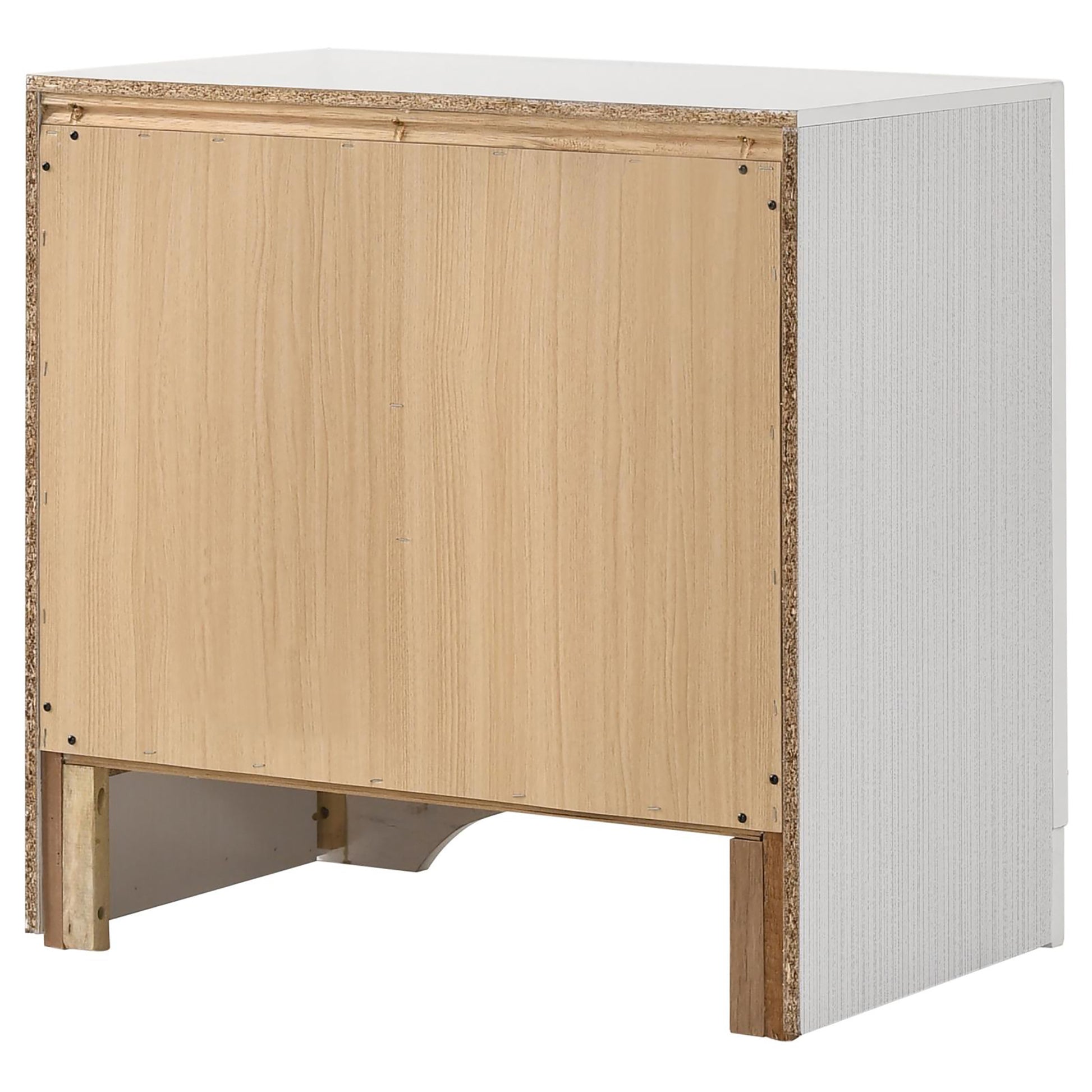 White laminate nightstand back view showing particle board construction