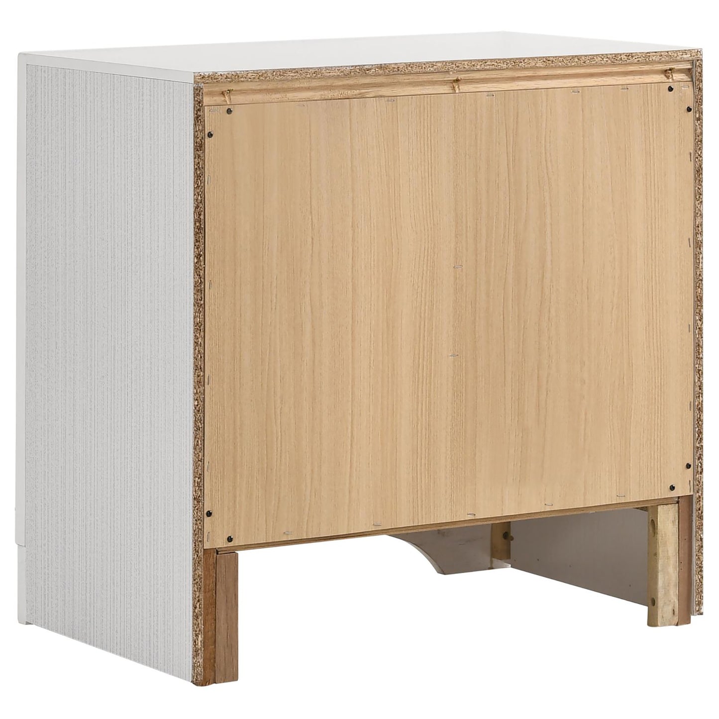 White textured side panel of a modern nightstand with exposed particleboard back