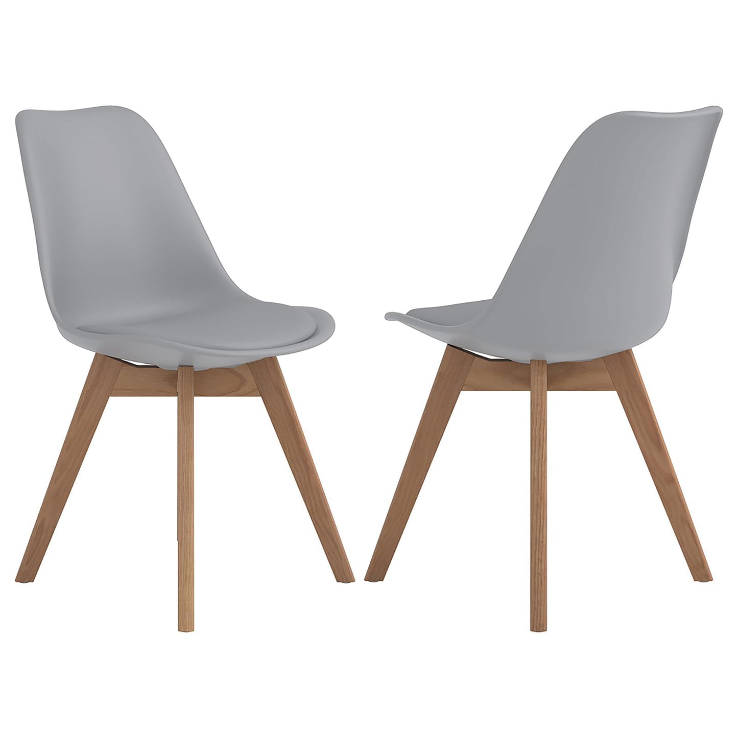 Two light gray dining chairs with natural wood legs and a modern curved seat design