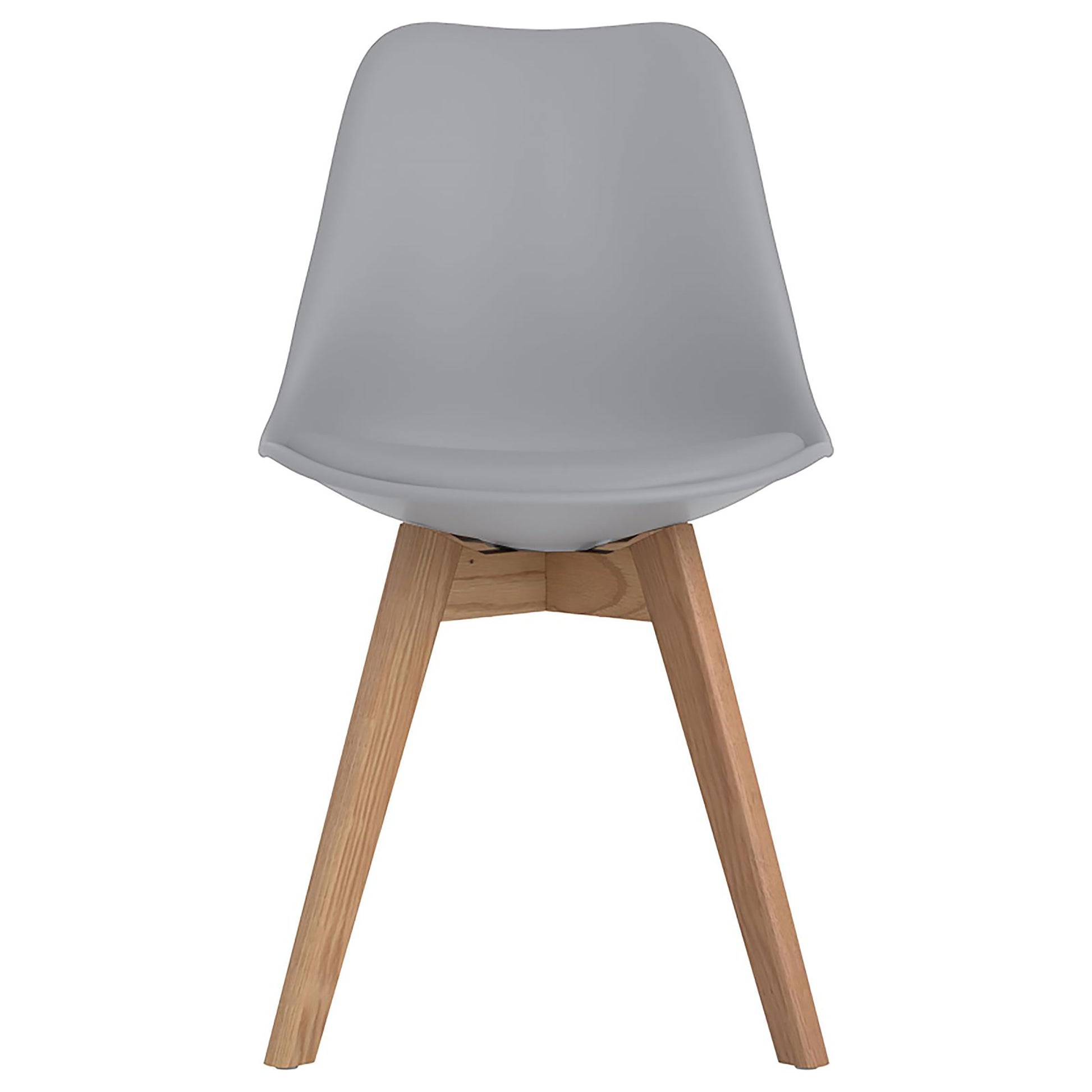 Modern grey molded plastic dining chair with natural wood legs perfect for contemporary kitchens