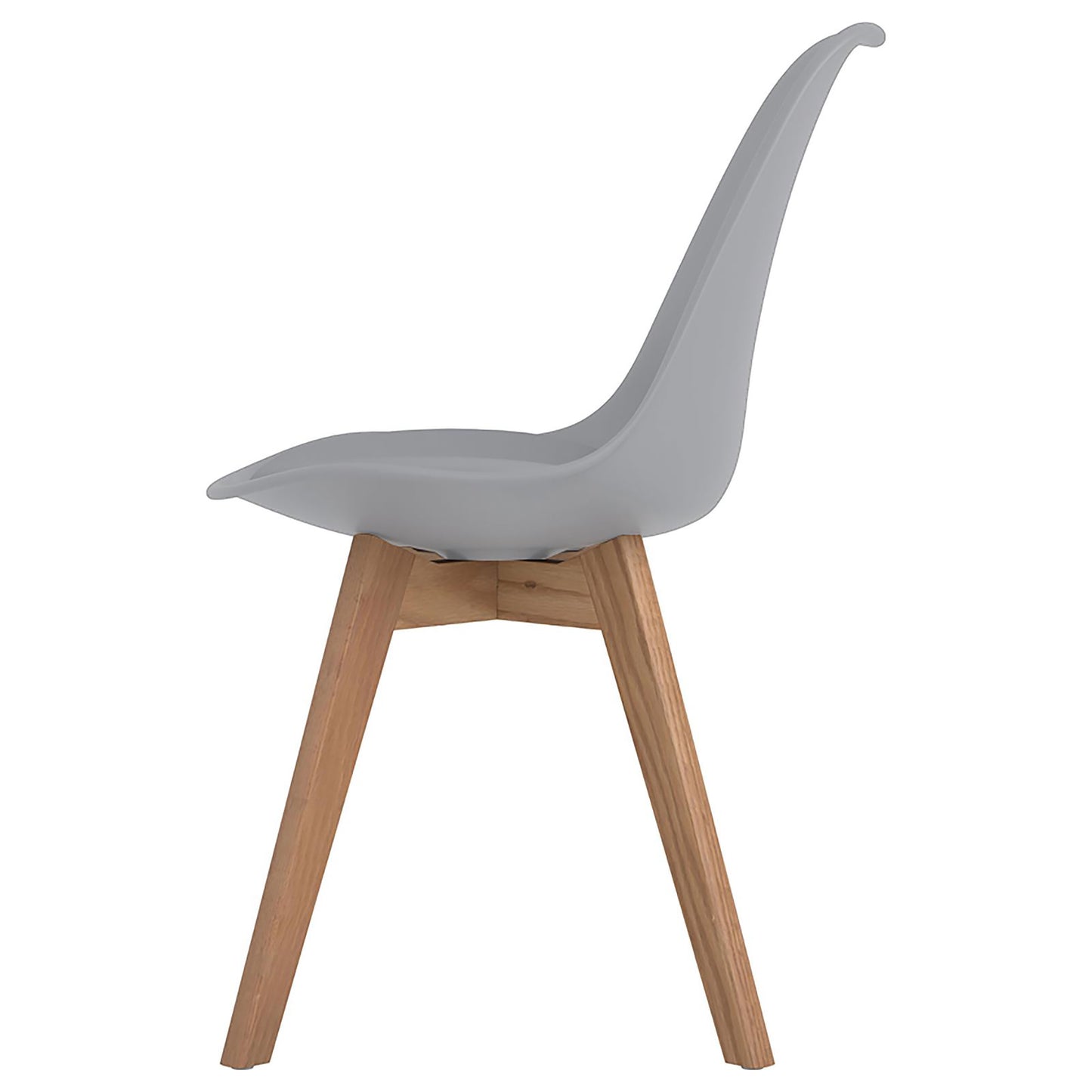 Modern grey molded plastic dining chair with natural wood legs side view