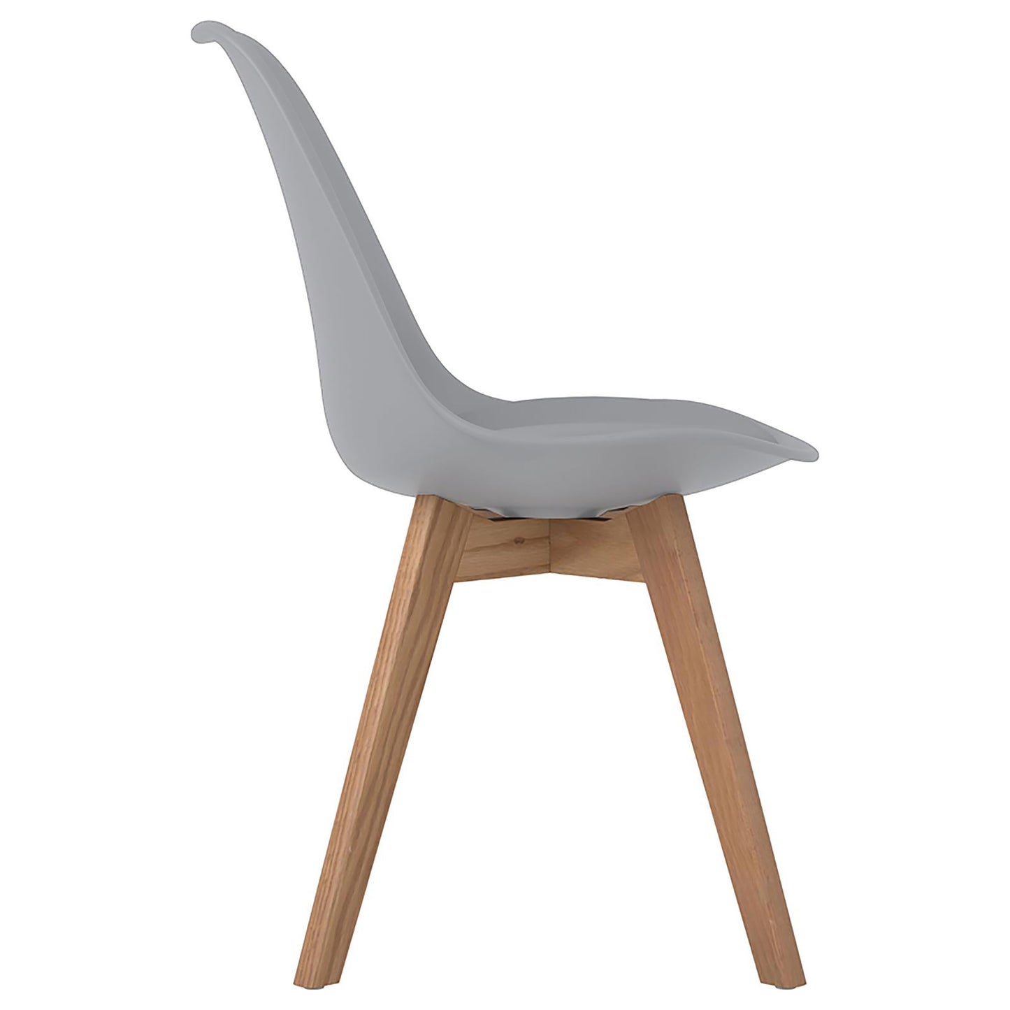 Light grey ergonomic molded plastic chair with natural wood legs for modern dining room seating