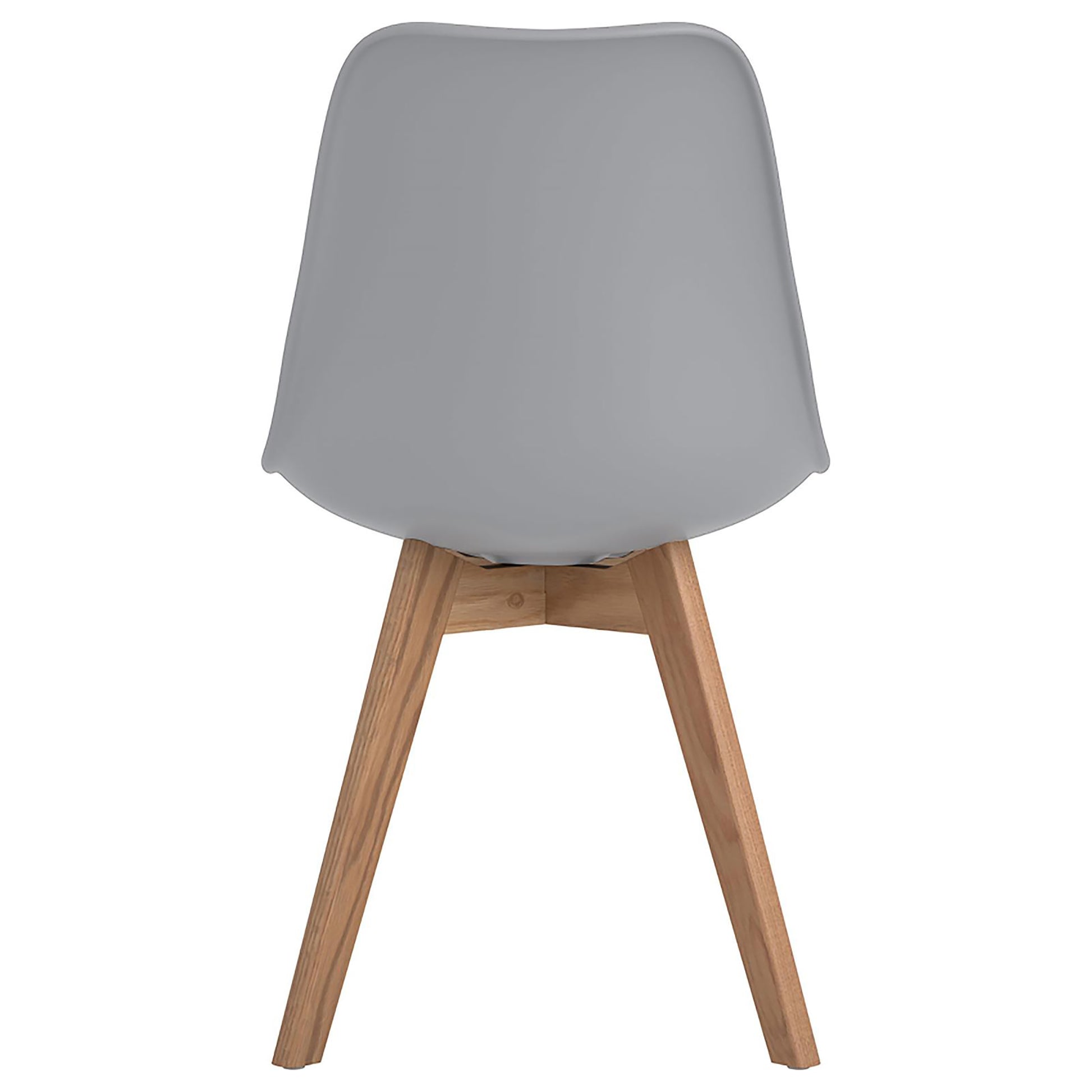 Back view of a grey molded plastic dining chair with wooden legs