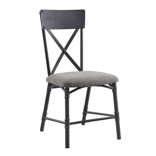 Black metal Xback dining chair with a padded grey fabric seat perfect for modern kitchens