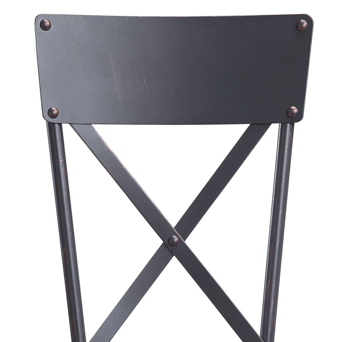 Dark grey metal chair back with xshaped cross brace and visible rivets