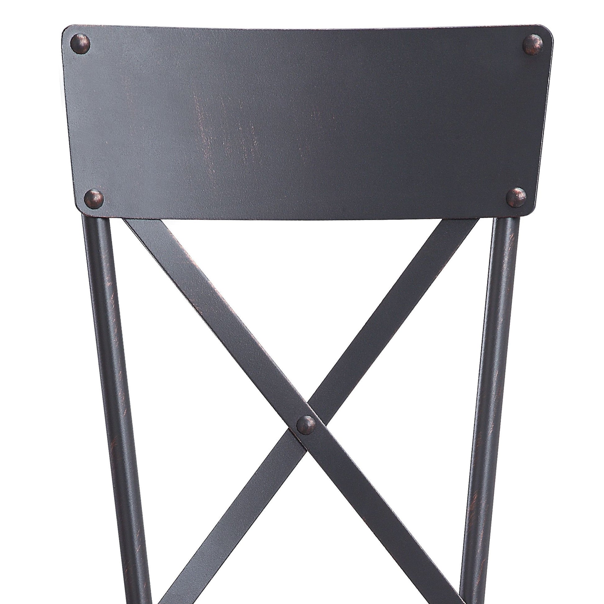 Dark grey metal chair back with xshaped cross brace and visible rivets