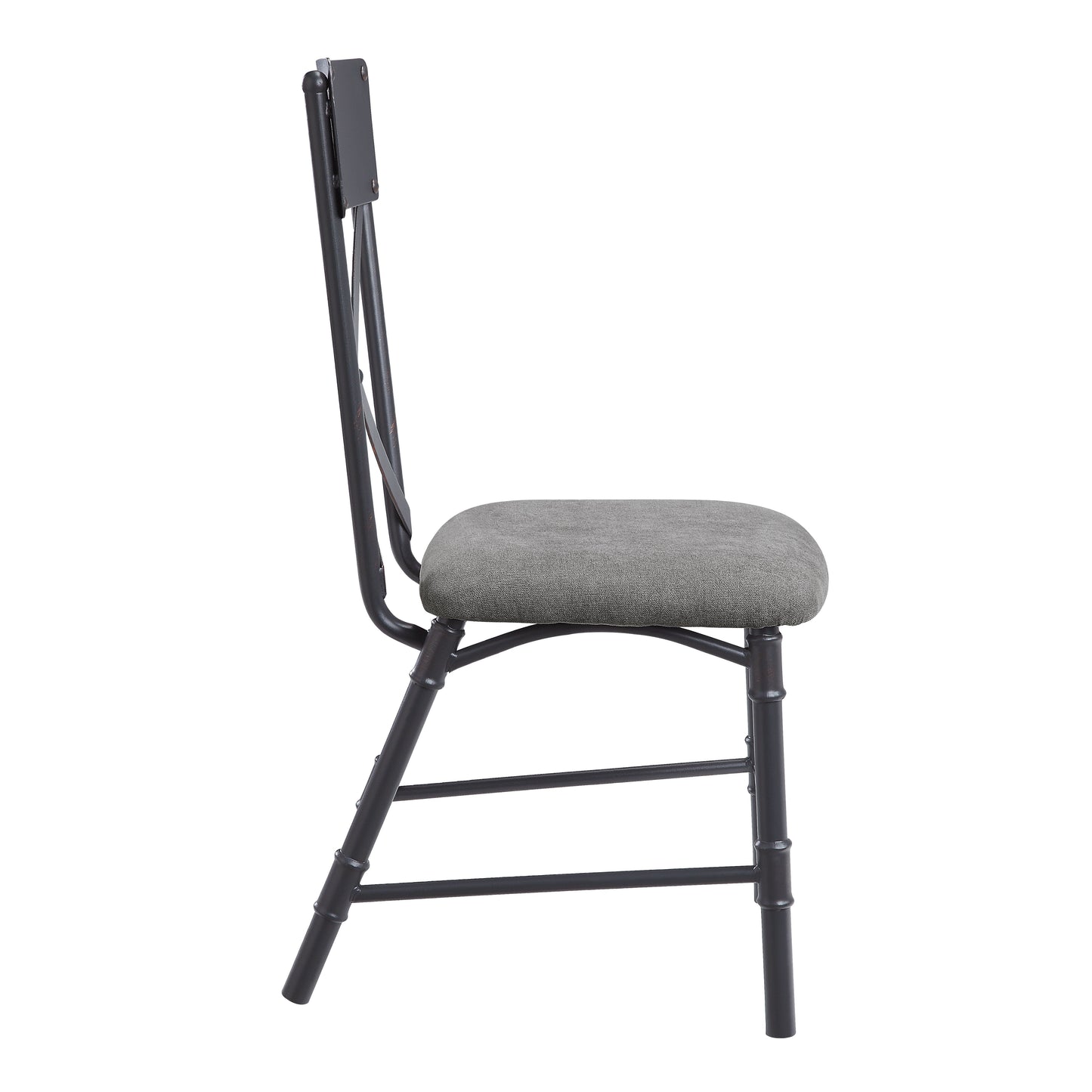 Side view of a grey upholstered metal dining chair with black frame