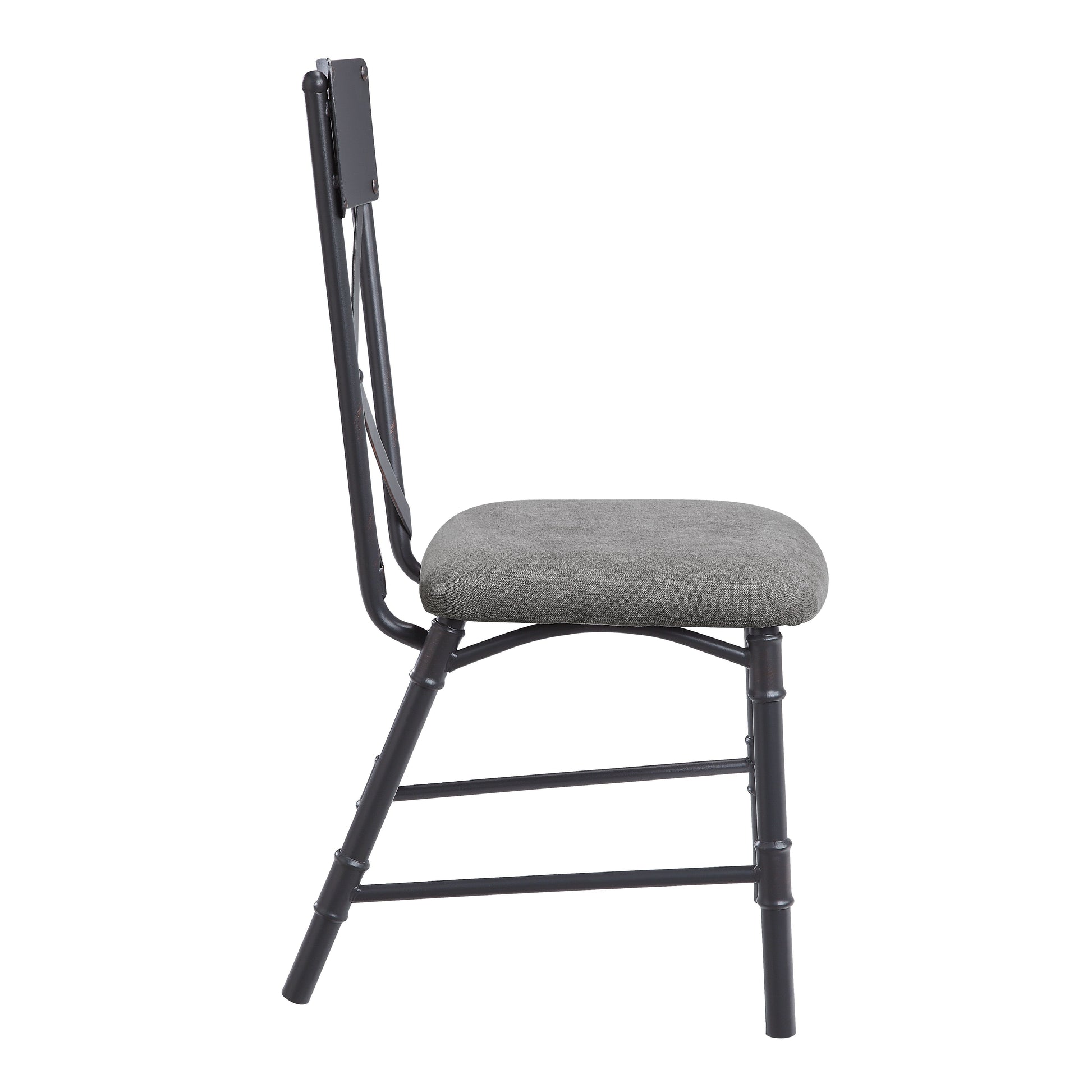 Side view of a grey upholstered metal dining chair with black frame