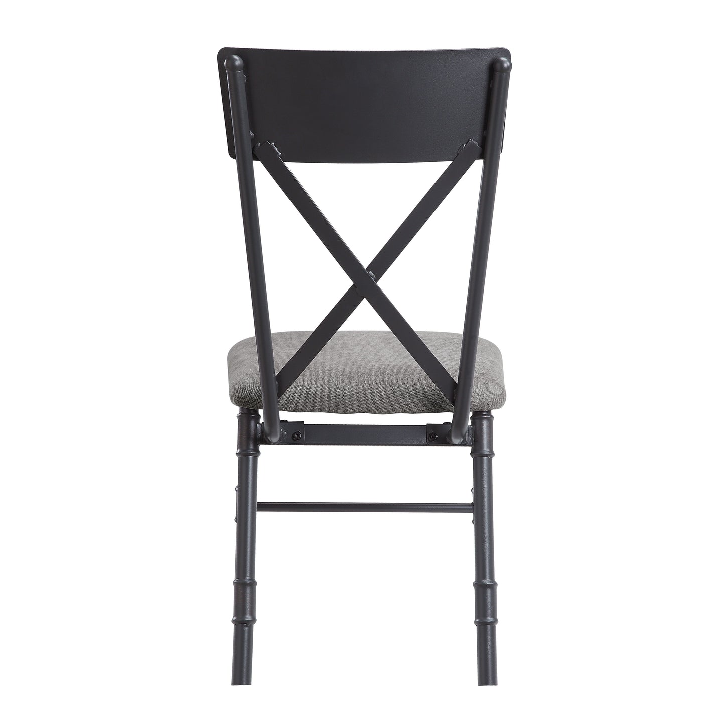 Black metal dining chair with grey upholstered seat and Xback design