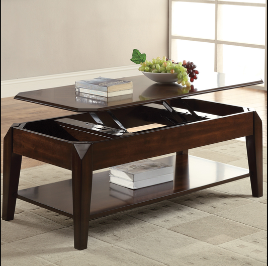 Dark brown lifttop coffee table with open storage compartment and shelf ideal for living rooms