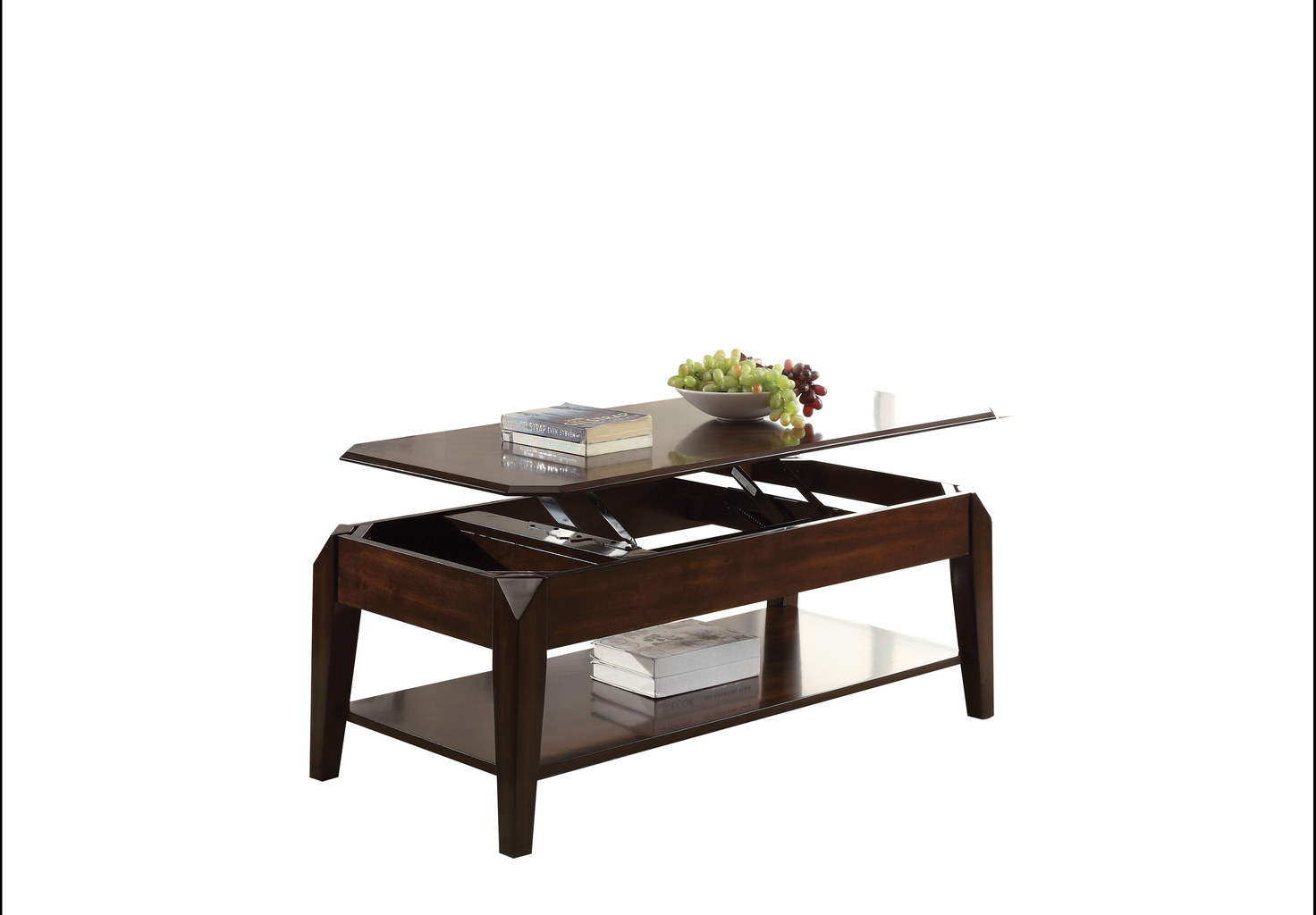 Dark wood lift top coffee table with storage showing books and grapes