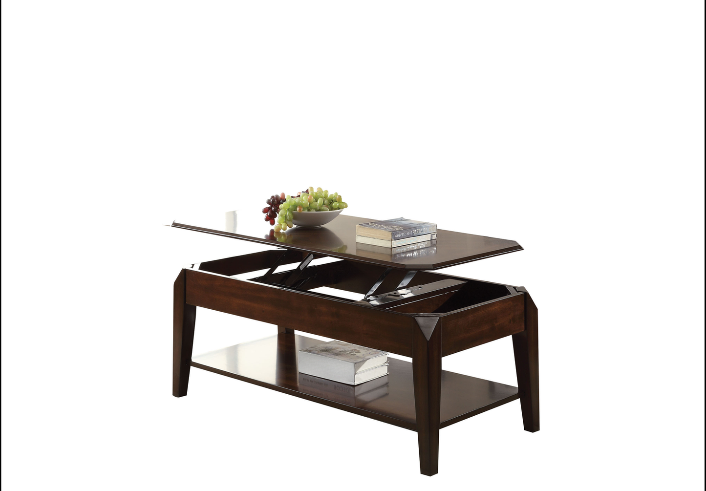Dark wood lift top coffee table with open storage and a lower shelf