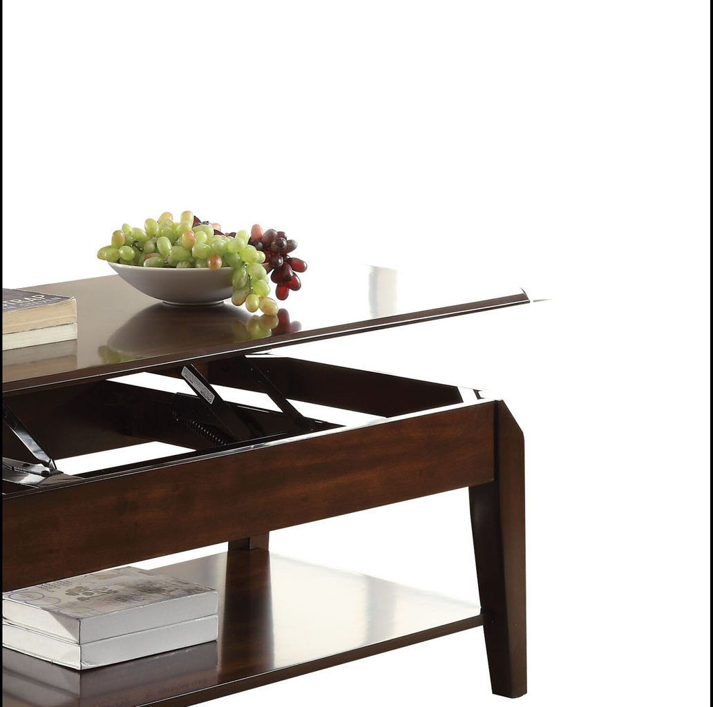 Dark wood lifttop coffee table with hidden storage featuring a top surface with grapes