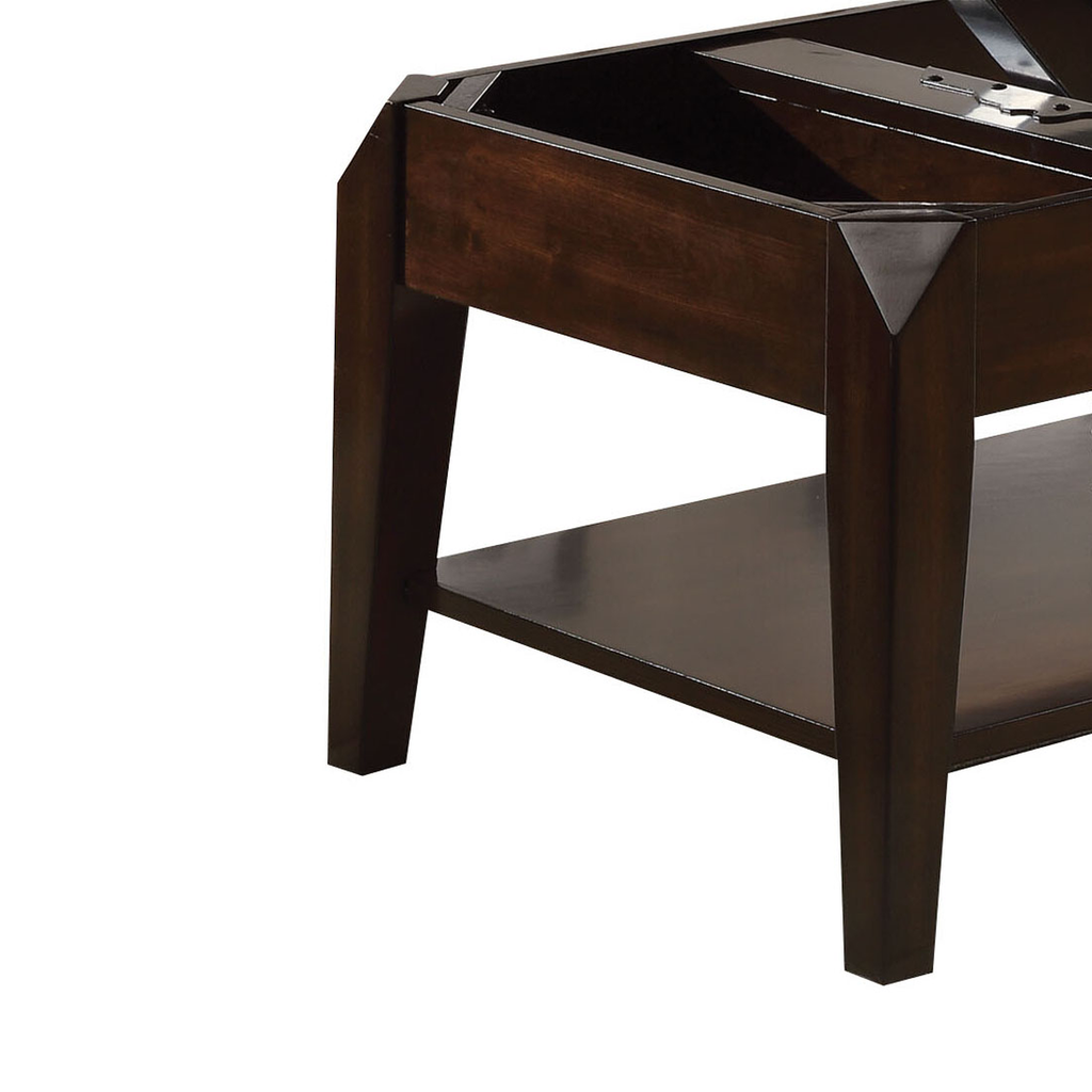Dark brown wooden coffee table base with angled legs and open storage shelf