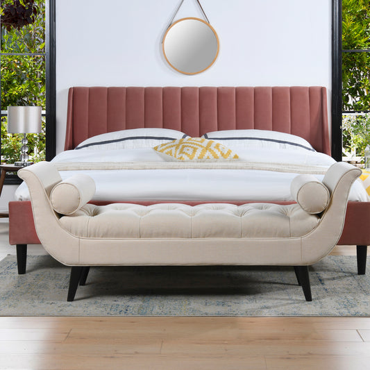 Dusty rose velvet headboard bed with tufted beige bench