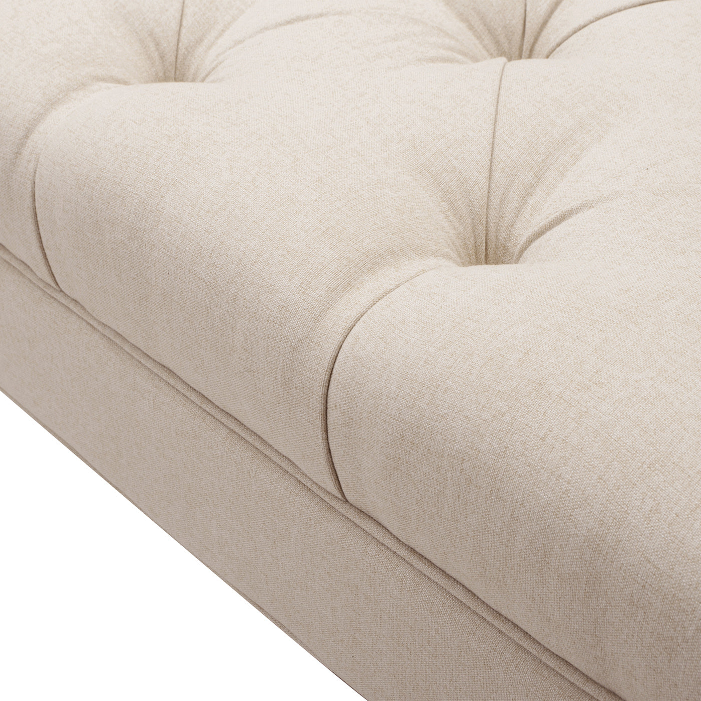 Beige linen tufted ottoman detail