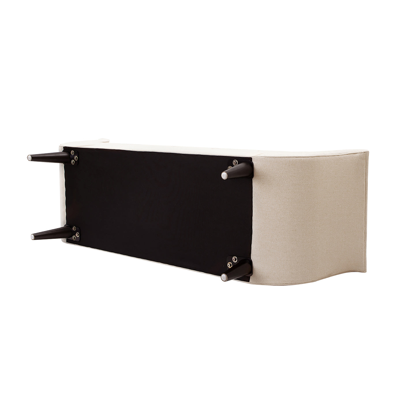 Beige upholstered bench with tapered wooden legs and black base