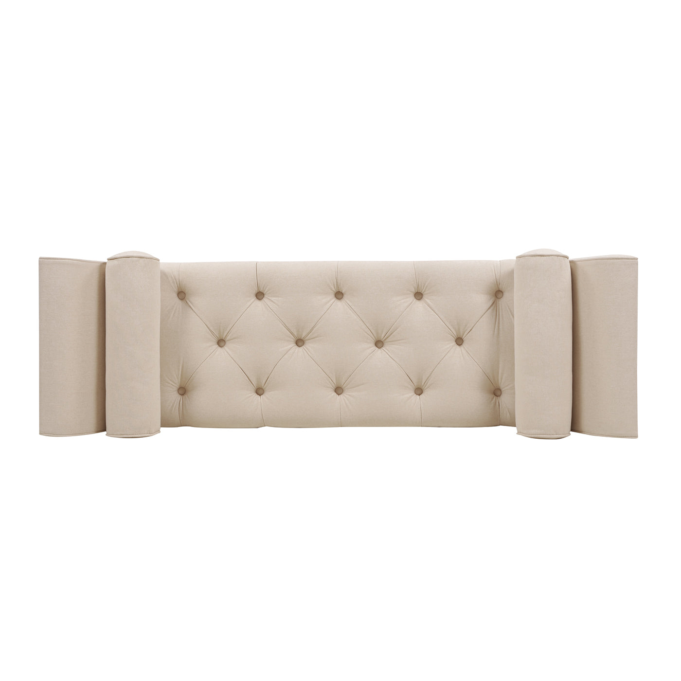 Beige tufted headboard with rolled arm accents