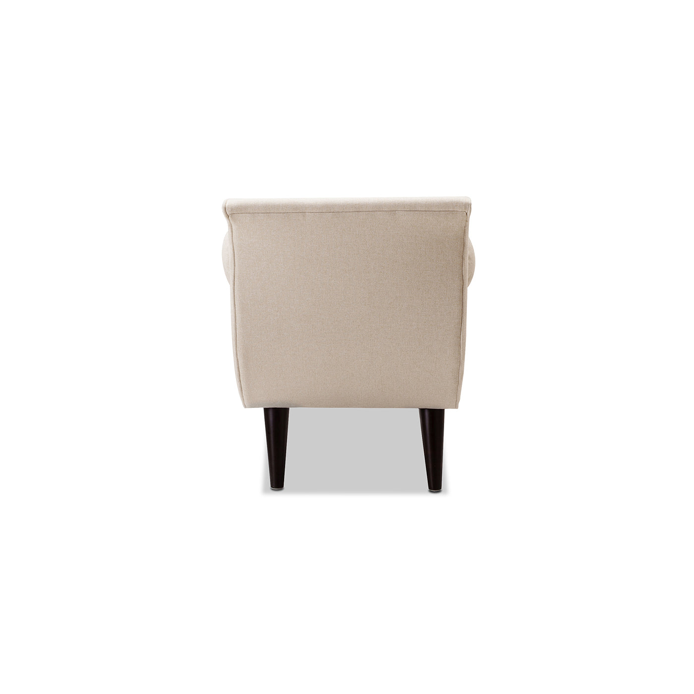 Beige upholstered armchair with button tufting and dark wooden legs