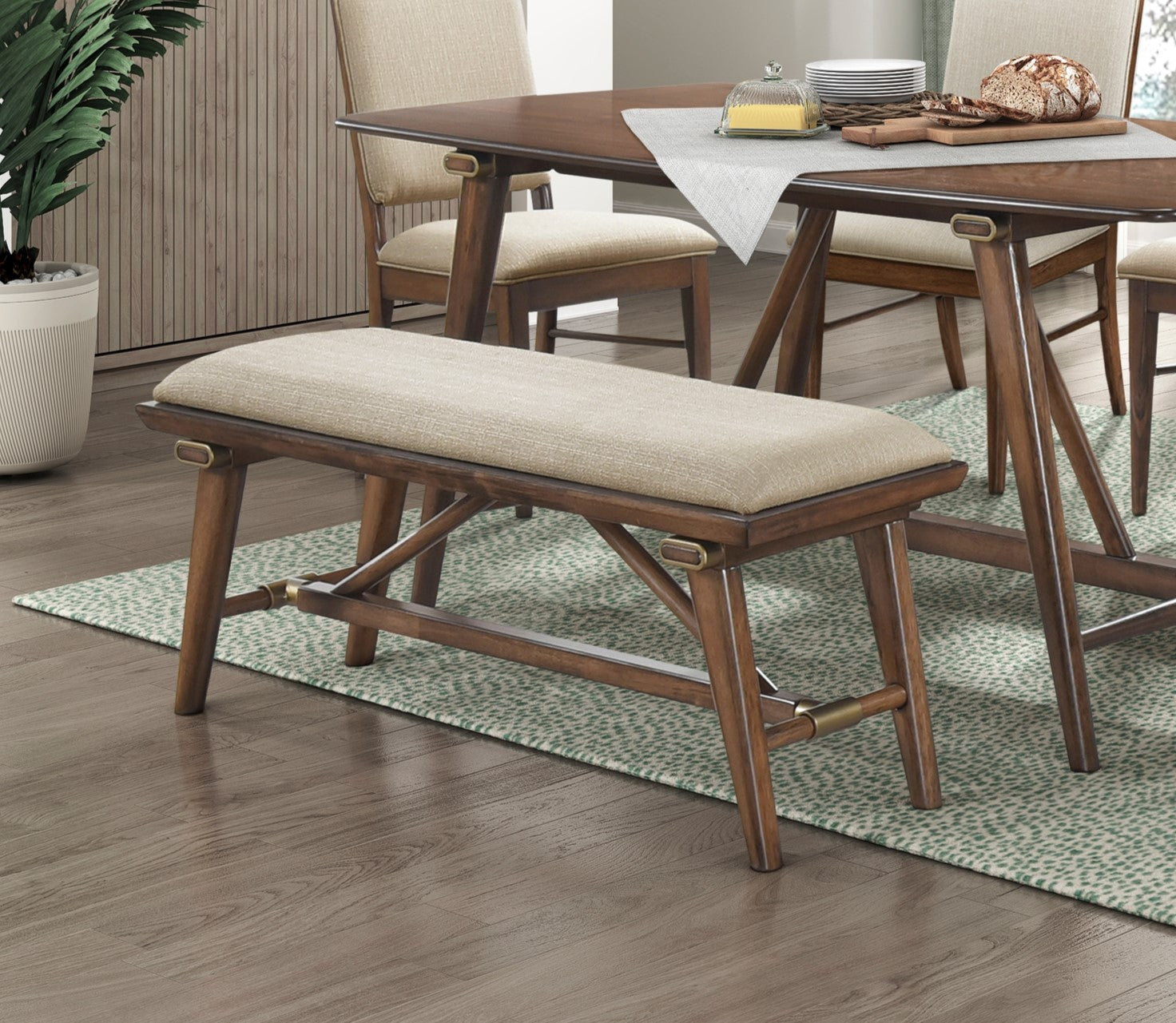 Midcentury modern wooden bench with cream upholstered seat for dining room