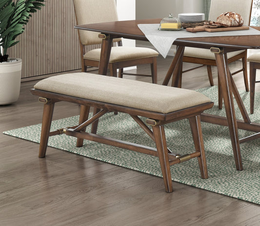 Midcentury modern wooden bench with cream upholstered seat for dining room
