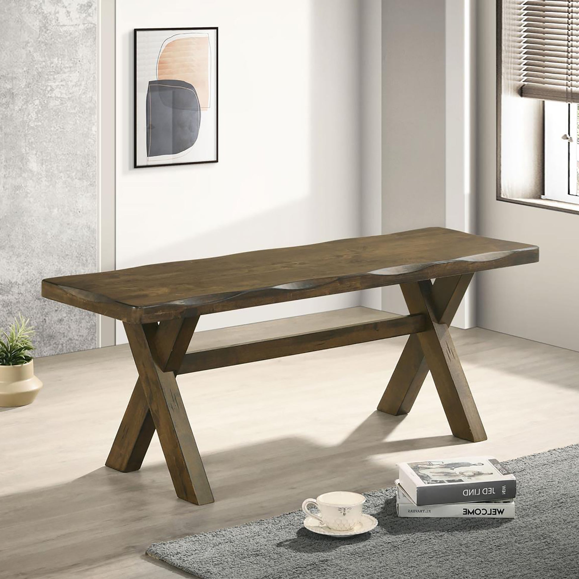Rustic live edge dining bench with dark wood finish and Xshaped legs
