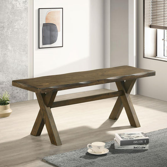 Rustic live edge dining bench with dark wood finish and Xshaped legs