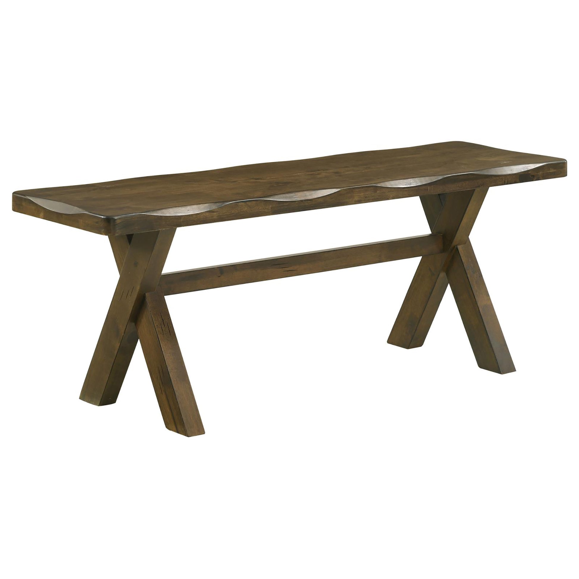 Rustic dark wood bench with Xshaped legs and natural edge detail