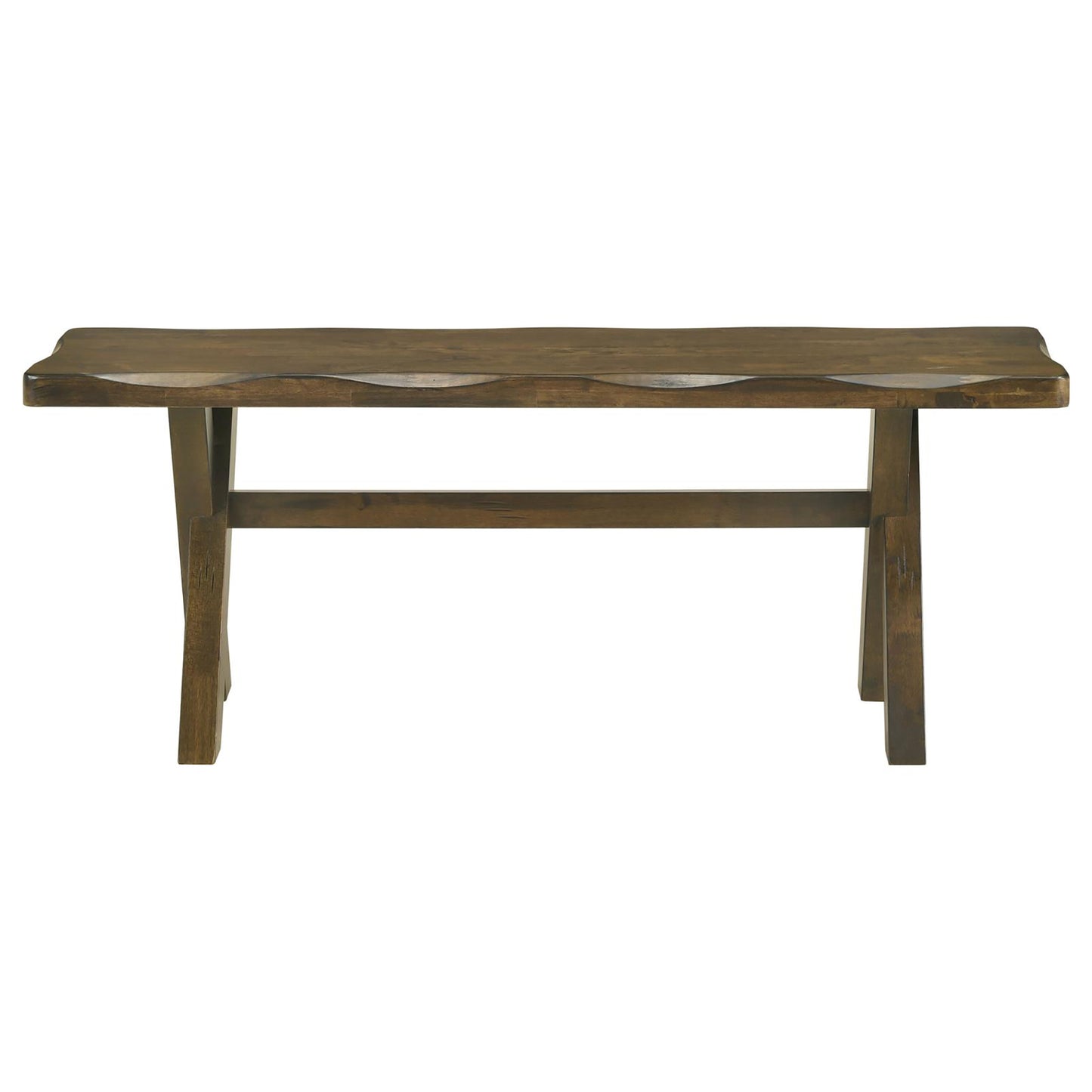 Rustic dark wood bench with live edge top and sturdy cross legs