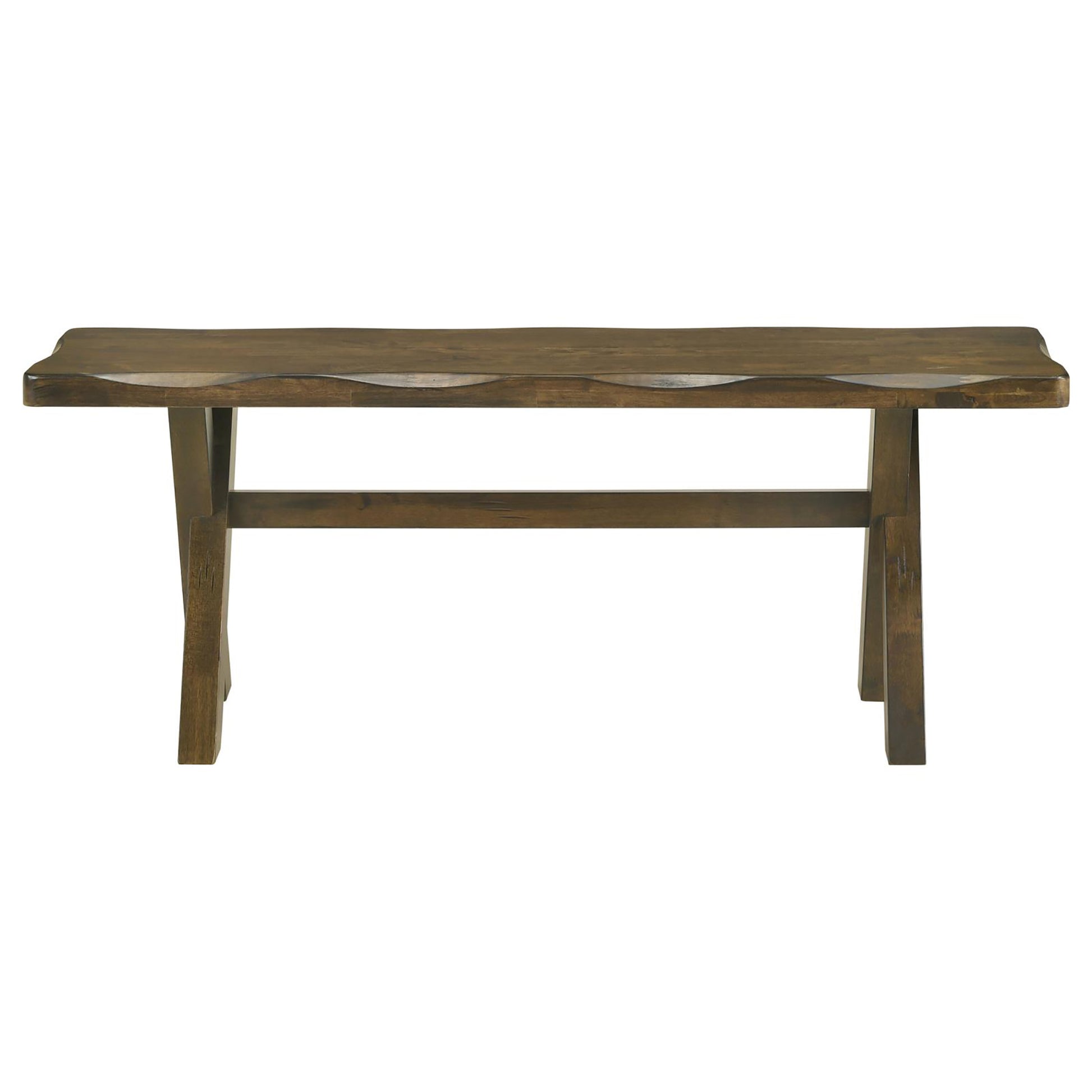 Rustic dark wood bench with live edge top and sturdy cross legs
