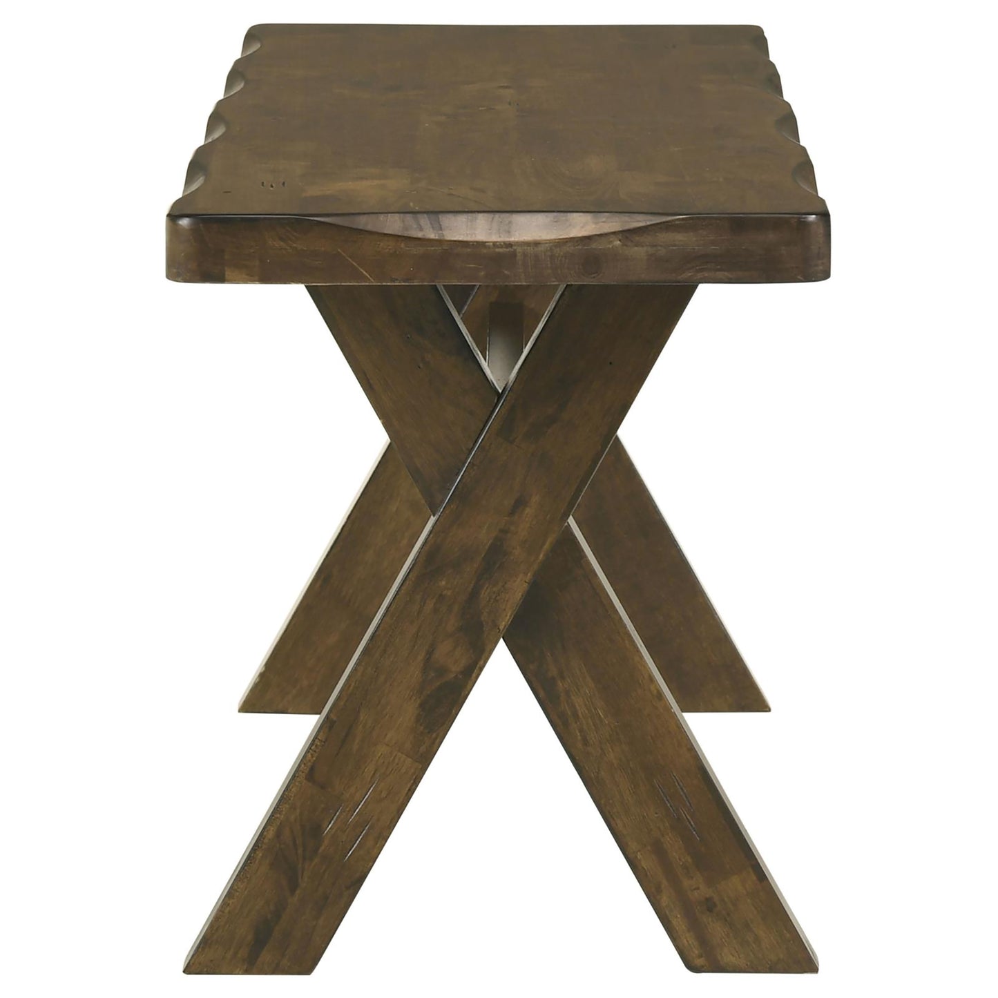 Rustic dark brown wooden bench with crossed legs