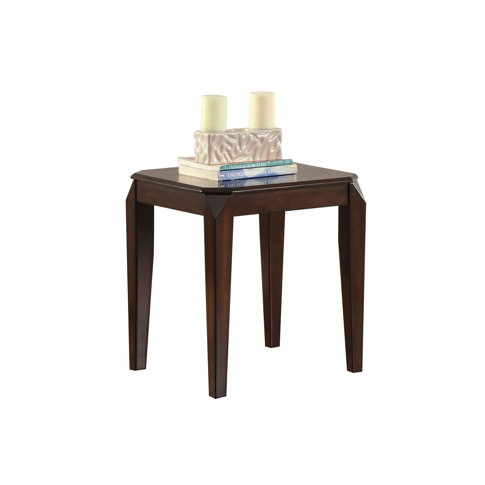 Dark cherry wood end table with tapered legs and beveled top accent piece
