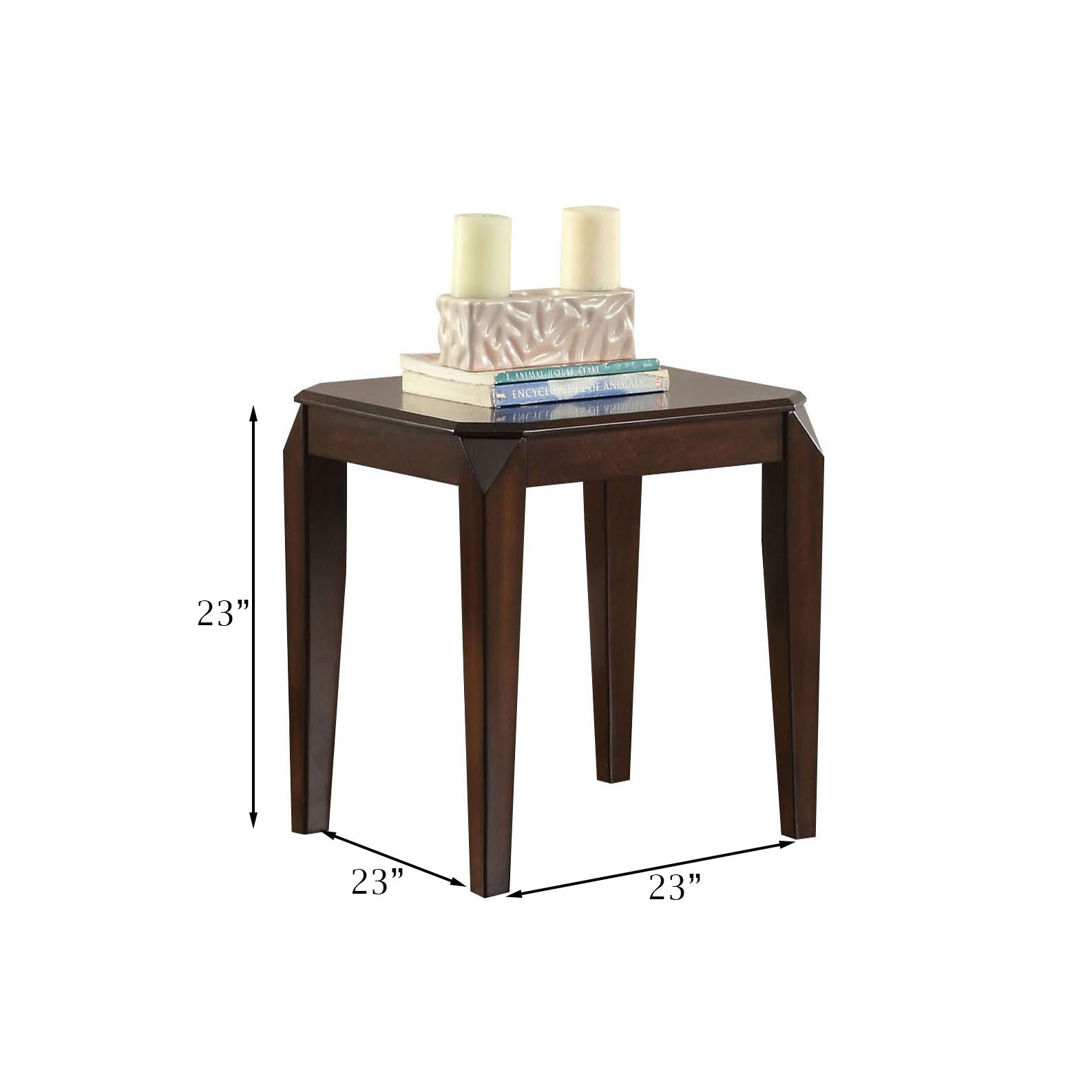 Dark wood octagonal end table  inches tall and wide with decorative top