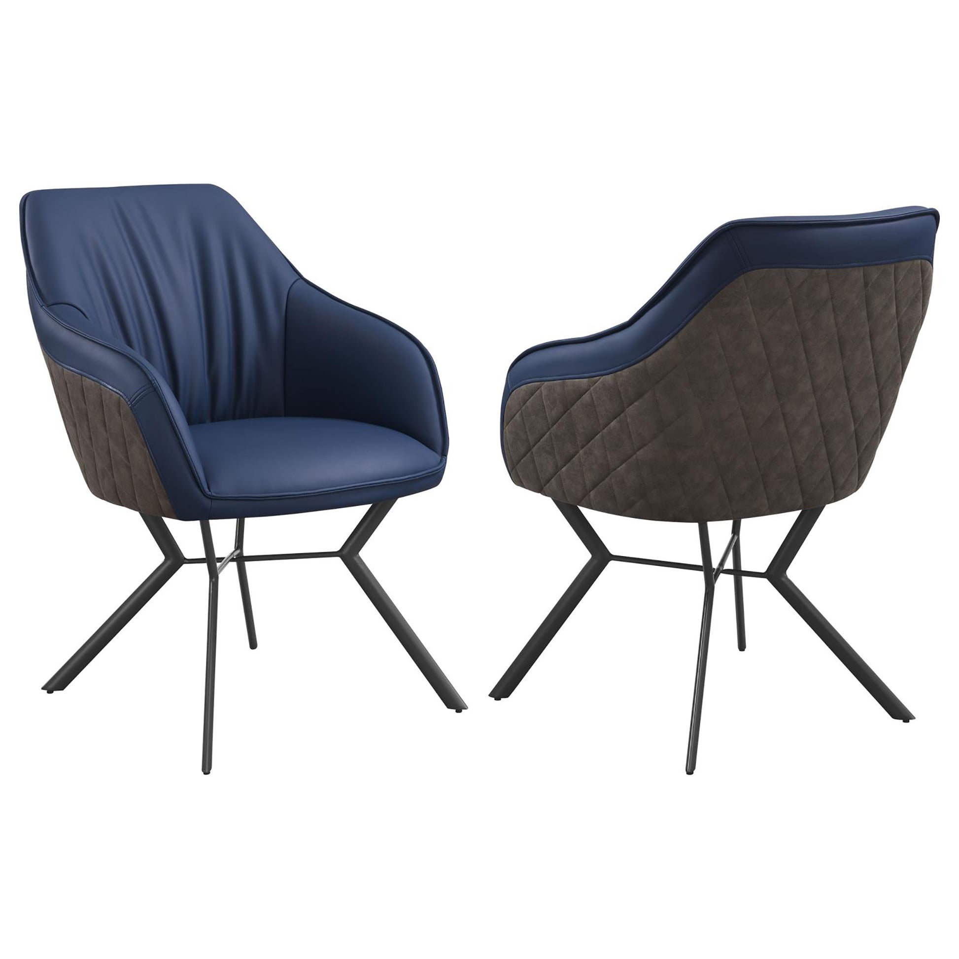 Modern upholstered armchair in navy blue with diamondstitched charcoal accent panels and a black metal frame